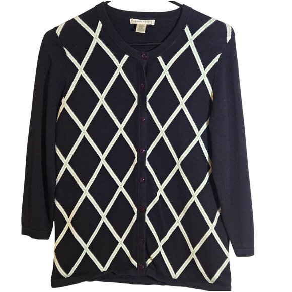 Fairway & Greene Women’s Argyle M Pima Cotton Cardigan Black Minimalist Retro - Picture 2 of 11